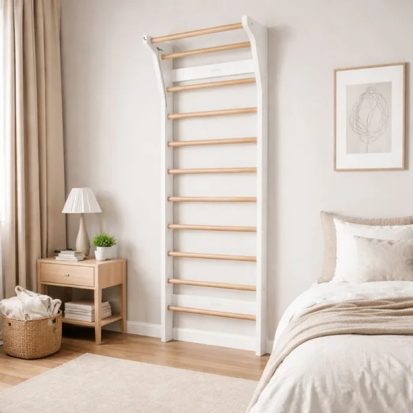 Fitwood ribbe monteret på væg i lyst, skandinavisk soveværelse med træmøbler og neutrale nuancer.