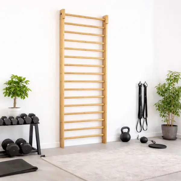 ribbe i træ monteret på væg i et hjemmetræningslokale