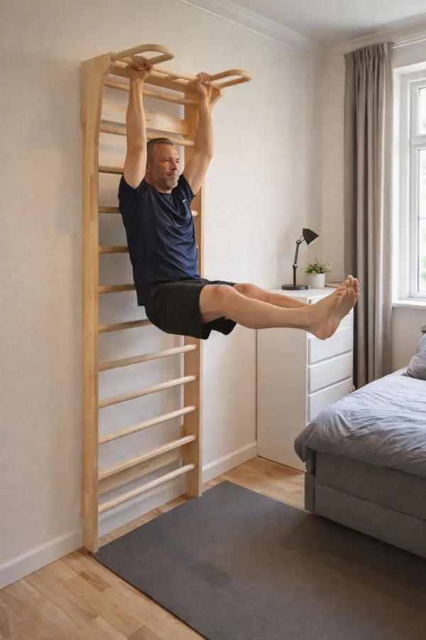 Mand i 50’erne laver leg raise på ribbe med udhæng monteret på væg i et værelse i en almindelig bolig