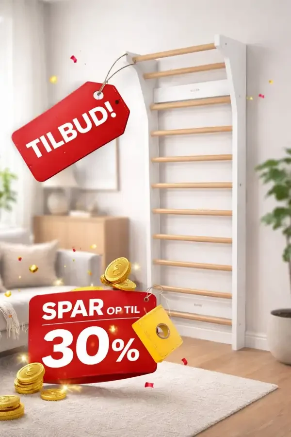 Hvid gymnastikribbe med ribber i naturtræ vist i stue med røde tilbudsmærker og teksten tilbud samt spar op til 30 procent, der symboliserer nedsat pris på ribbe.